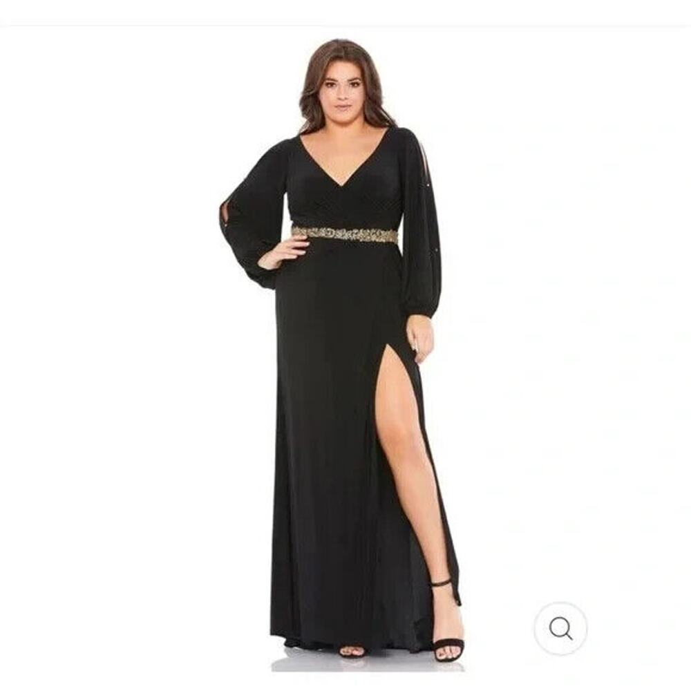 NWT Mac Duggal 67747 Black Split Sleeve Beaded Waist Surplice Gown Plus Size 22W